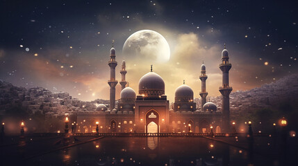 Arabian Nights Moon. Generative AI.
A digital rendering of a palace at night with an Arabian Nights theme.