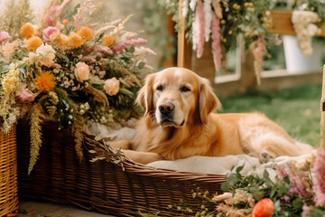 golden retriever lying near a basket of flowers at a wedding ceremony