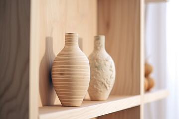 Home decoration composition with vases on shelves. Generative AI