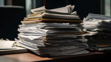 Pile of paper documents on a desk, made with generative AI