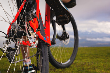 Rear view of a mountain bike. Brake disc and rear suspension in focus. View of bicycle components outdoors