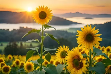 Schilderijen op glas sunflower field at sunset © qaiser