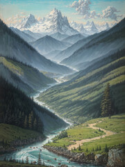 Beautiful mountain landscape with a river in the mountains. Digital painting
