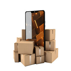 Obraz premium Smartphone with parcel delivery boxes. Online shipping or delivering concept. Transparent background. Generative AI.