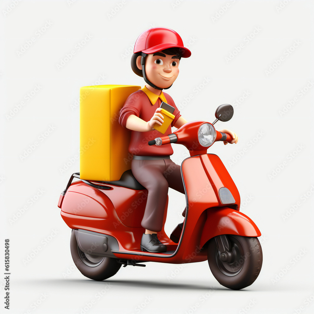 Wall mural 3d happy delivery guy delivering the package with a scooter. Isolated background. Generative AI.