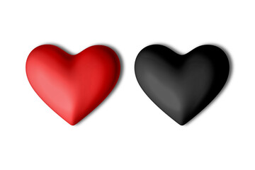 Red and black hearts mockup isolated on white background. 3d rendering.