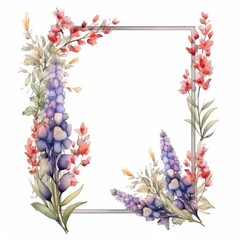 Flower frame border on white background, copy space for text, watercolor illustration. Square banner with wildflowers