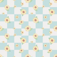 Sunflowers on the blue-white checkered seamless pattern