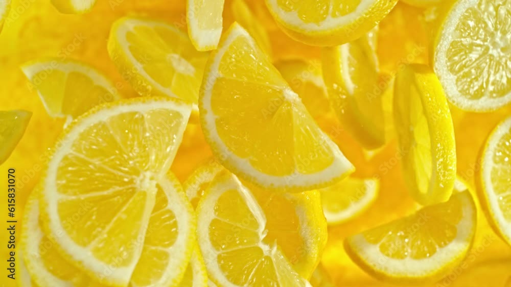 Aufkleber super slow motion of flying lemon slices on black background. filmed on high speed cinema camera, 10