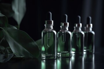 Cosmetic serum in a glass bottles with a pipette. Concept with green leaves on a black background. Skin care serum, essential oils, spa and wellness. Natural cosmetic.