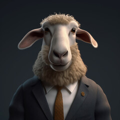 Image of a sheep businessman wearing a suit on clean background. Farm animals. Illustration, generative AI.