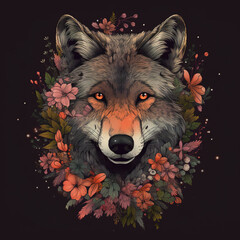 Image of a wolf face surrounded by colorful tropical flowers. Wildlife animal. Illustration, Generative AI.