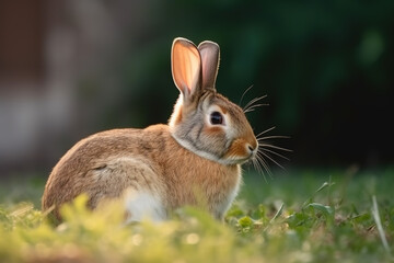 Fototapeta premium Image of brown rabbit resting on green pasture grass on summer. Wildlife Animals. Illustration. Generative AI.