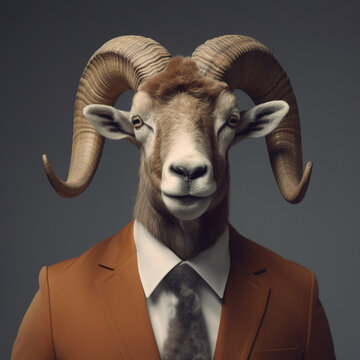 Image of a bighorn sheep businessman wearing a suit on clean background. Farm animals. Illustration, generative AI.