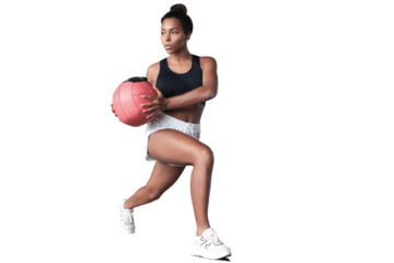 Fit and muscular woman exercising with medicine ball on a transparent background