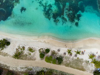 Aerial drone panorama of the white beaches of Antigua island in the Caribbean sea