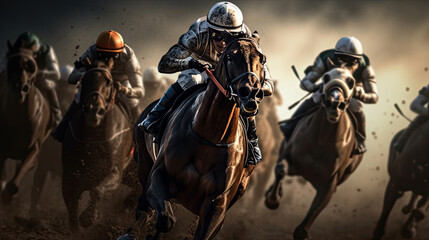 Fototapeta premium Jockeys riding horses in a race