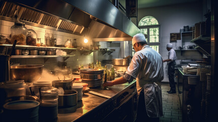 Chef cooking in busy restaurant kitchen