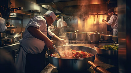 Chef cooking in busy restaurant kitchen