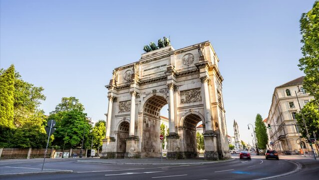 Timelapse video of the Siegestor (Victory Gate) in Munich on a beautiful summer day. This Munich landmark is located near the University.