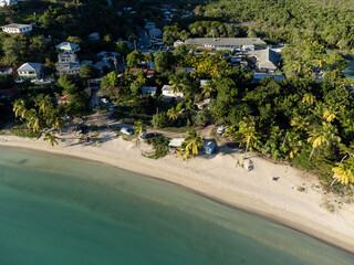 Aerial drone panorama of the white beaches of Antigua island in the Caribbean sea