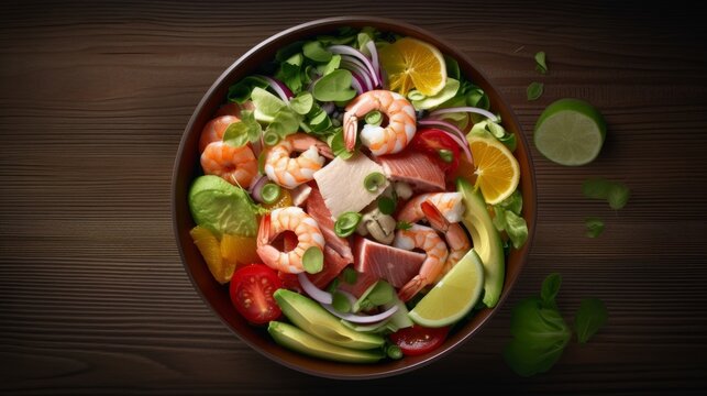 Top view of seafood salad in a bowl