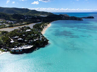 Aerial drone panorama of the white beaches of Antigua island in the Caribbean sea