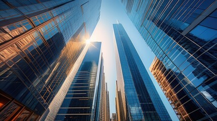 Naklejka na ściany i meble Modern sleek skyscrapers cityscape with vibrant lighting and reflections. Generative AI