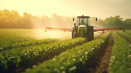 Fototapeta premium Tractor spraying soybean field in spring