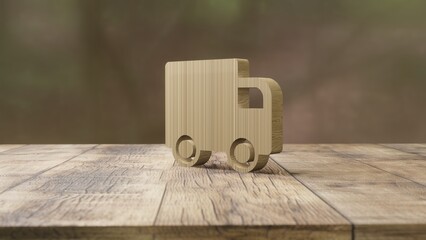 Fototapeta na wymiar A wooden toy truck sits on a wooden table.