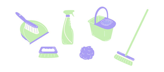 Equipment for indoors cleaning, household tools. Housekeeping tools. Cleaning tools. Green and purple cleaning equipment.