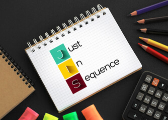 JIS - Just In Sequence acronym on notepad, business concept background
