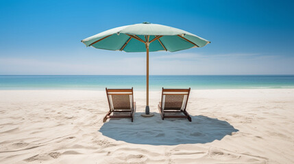 Beach chairs and an umbrella on a white sand beach