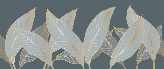 Luxurious gold wallpaper in art deco style. Golden leaf botanical pattern, Philodendron with monstera plant lines, design for print, decor, interior, fabric. © leafyori