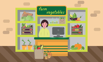 Illustration with shop of fresh farm vegetables