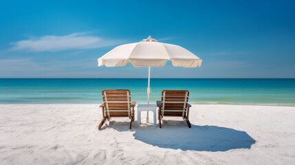 Obraz premium Beach chairs and an umbrella on a white sand beach
