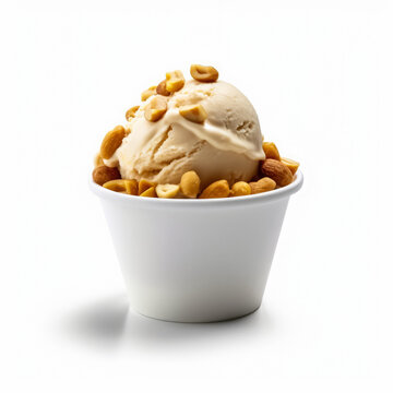 Peanut butter ice cream scoop with chocolate fudge in white bowl isolated on white background, generative ai
