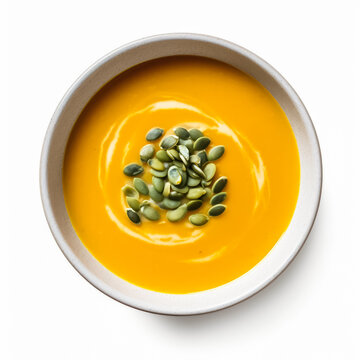 Plain Butternut Pumpkin Squash Soup Isolated On White Background, Top View,  Generative AI