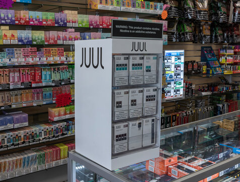 Juul e-cigarette display. Juul Labs has been accused of contributing to the rise of vaping among youth.