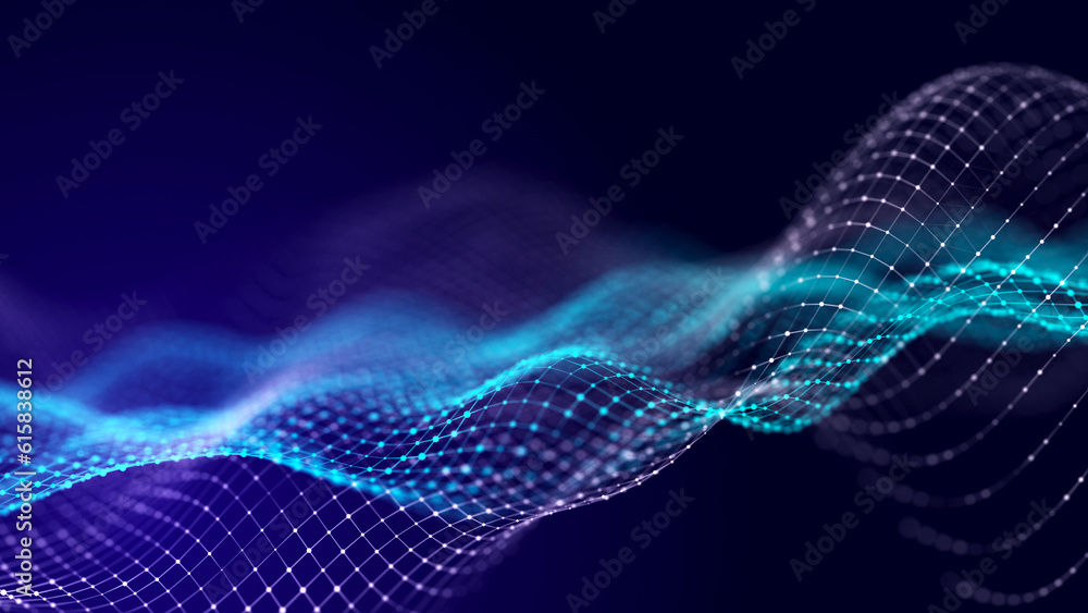 Poster abstract digital data background. wave with moving dots. musical stream of sounds. 3d rendering.