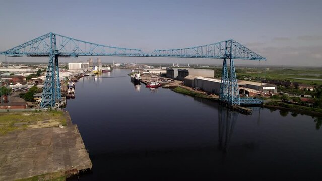 Drone tracks around the Transporter Bridge in Middlesbrough on a sunny spring morning.  