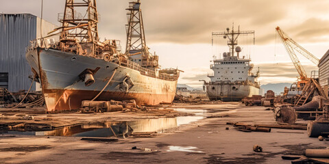 Fototapeta premium Damaged Scrapped Unusable Ship Abandoned and Disposed of Wrak Generative AI Digital Art Illustration Wallpaper Journal KI