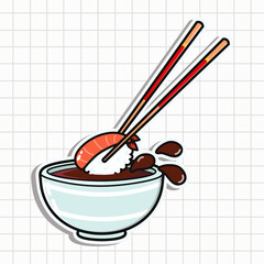 Cute funny Bowl of soy sauce sticker. Vector hand drawn cartoon kawaii character illustration icon. Isolated on background. Bowl of soy sauce character concept
