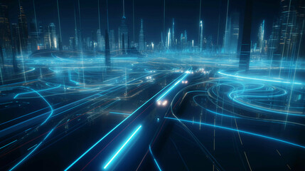 futuristic city traffic streams - glowing blue, white night - AI digital traffic control system