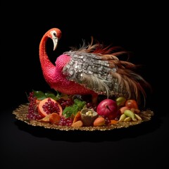 food photograph of scrumptious thanksgiving stuffed smiling flamingo with feathers and smilling head, served on an antique silver plate - generative AI