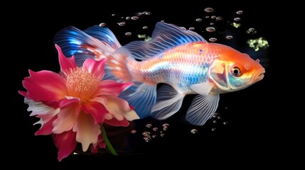 glowing bioluminescent fish with iridescent scales in the water on a black background. generative ai