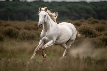 Obraz na płótnie Canvas a white horse running in the grass with it's head turned to look like he is about to jump