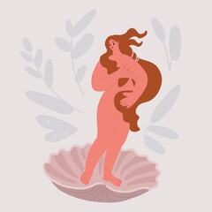Vector illustration of Venus or Aphrodite Goddess in doodle sketch style. Diverse women of different ethnicity and appearance.