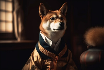 Shiba Inu dog in traditional japanese clothing. Generative AI