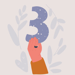 Vector illustration of Score card 3. Number in hands. Digit rating on a scorecard. Human hand holding score card.